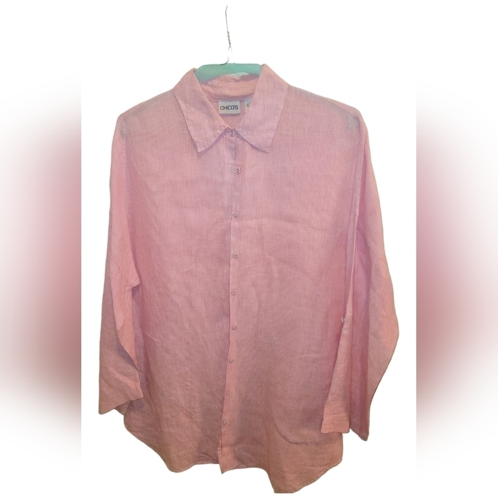 Chico's Pink and White Stripped Linen Button Down Side Pocket Knee Length Shirt - Picture 3 of 6